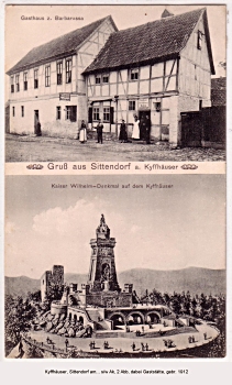 Sittendorf: 2-Bilderkarte, Gasthaus Barbarossa mit Bäckerei, Kyffhäuserdenkmal